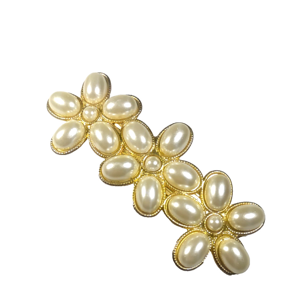 Faux Pearl Flower Gold Tone Hair Barrette Tension Clip Elegant Feminine